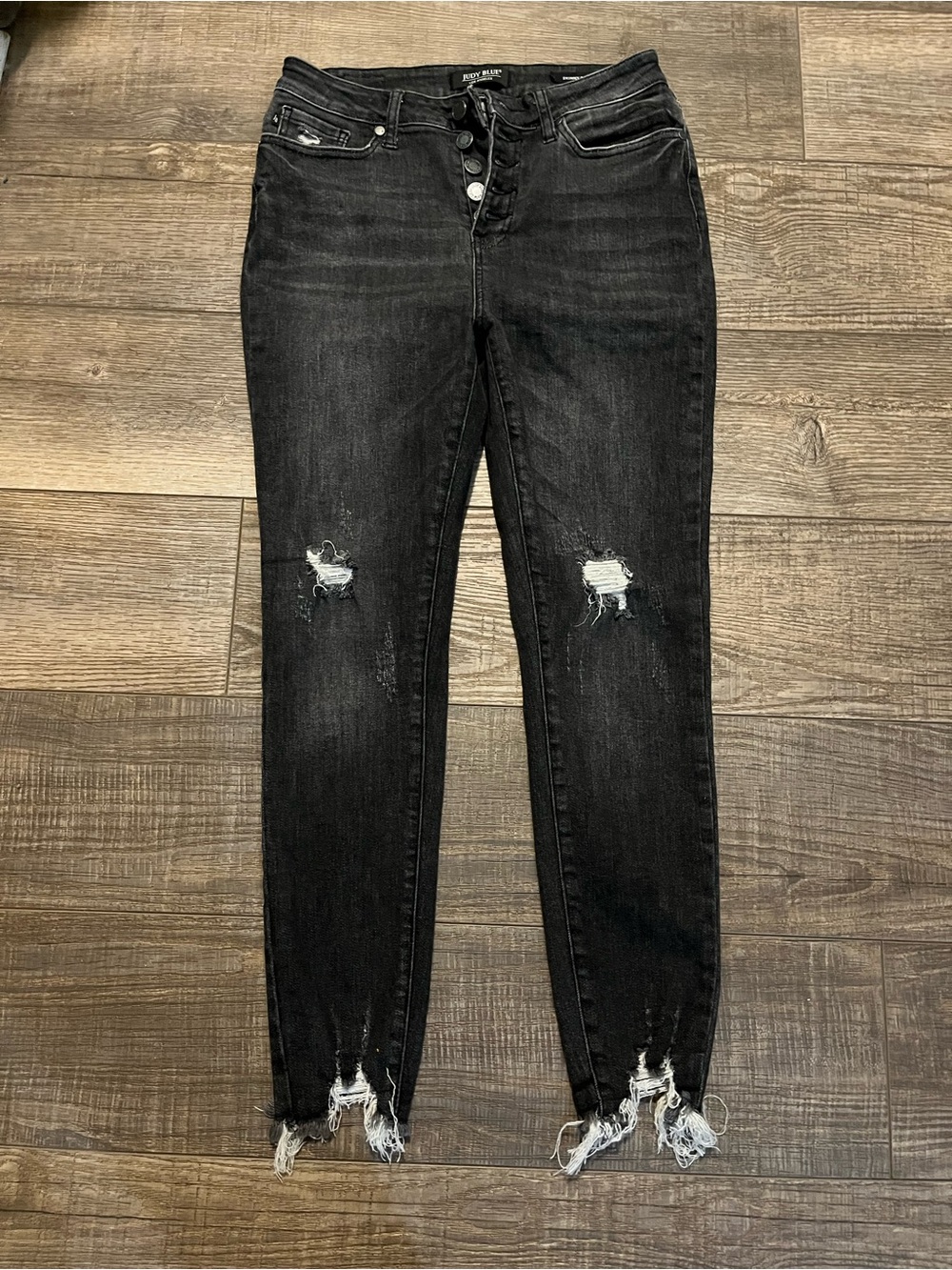 Judy Blue Black Distressed High-Rise Skinny Jean Raw Shark Bite Ankle Button Fly